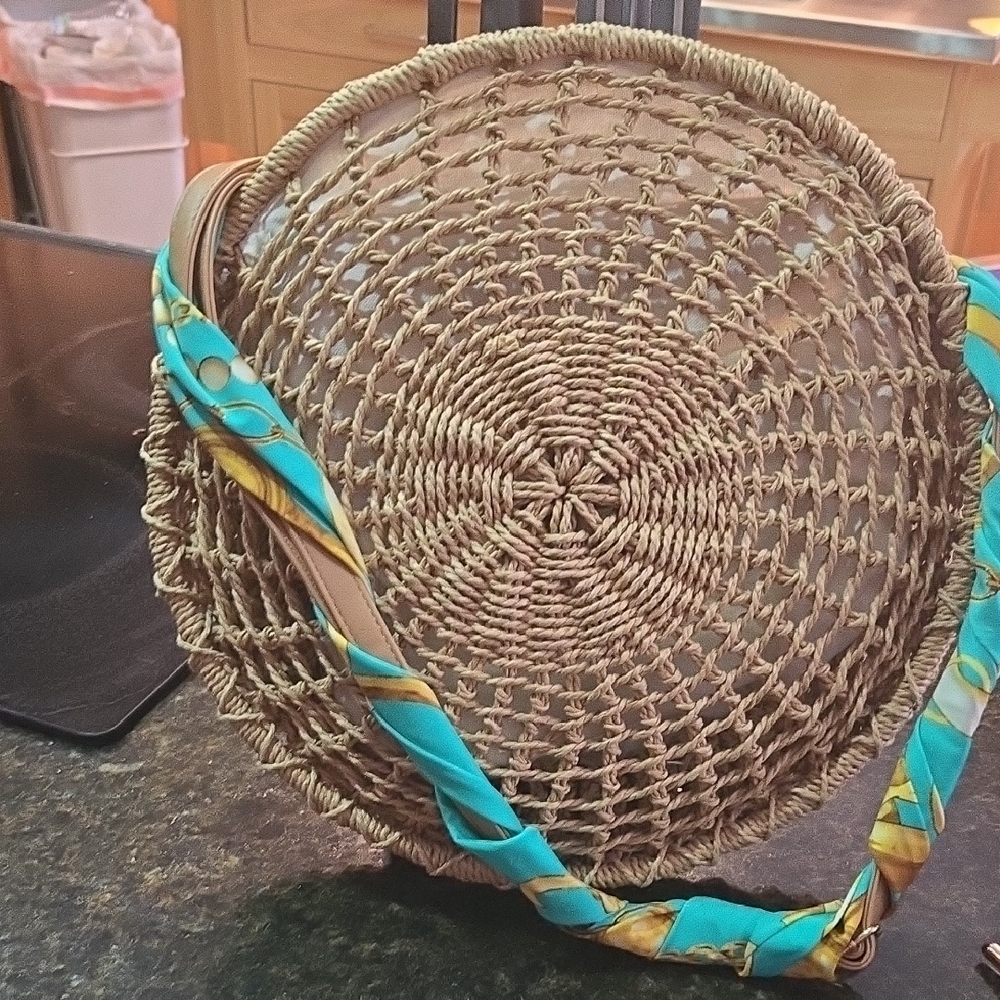 Round Woven Straw Bag with Colorful Scarf